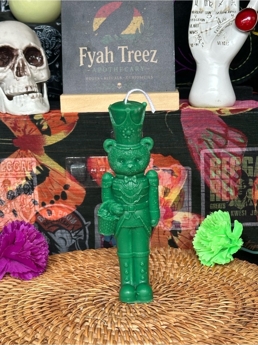 Handmade Green Nutcracker Bear Candle – Holiday Figure Candle